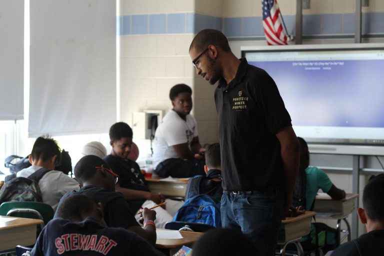 Teacher helping students